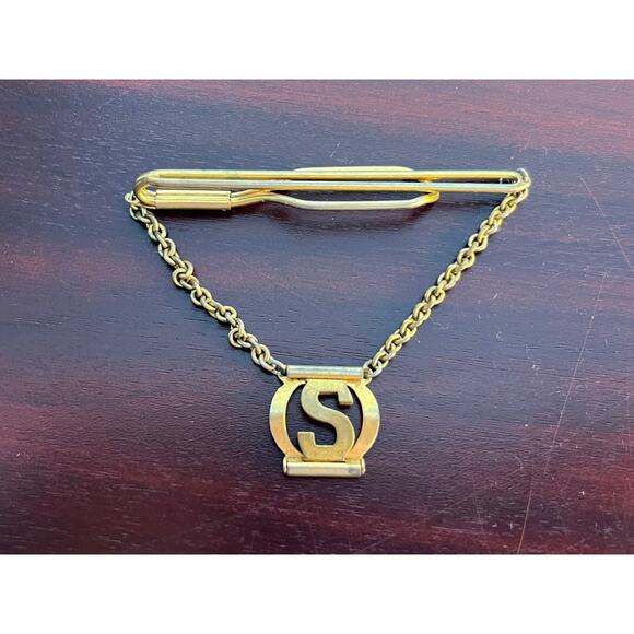 VTG Tie Clip Chain Initial S Gold Tone - Picture 1 of 3